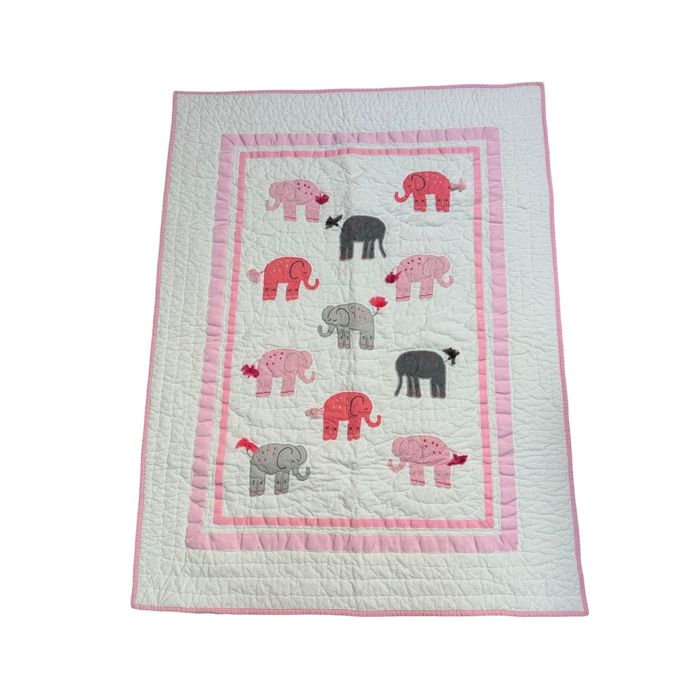 Pottery Barn Kids Elephant Organic Cotton Baby Quilt Pink Grey White Harper